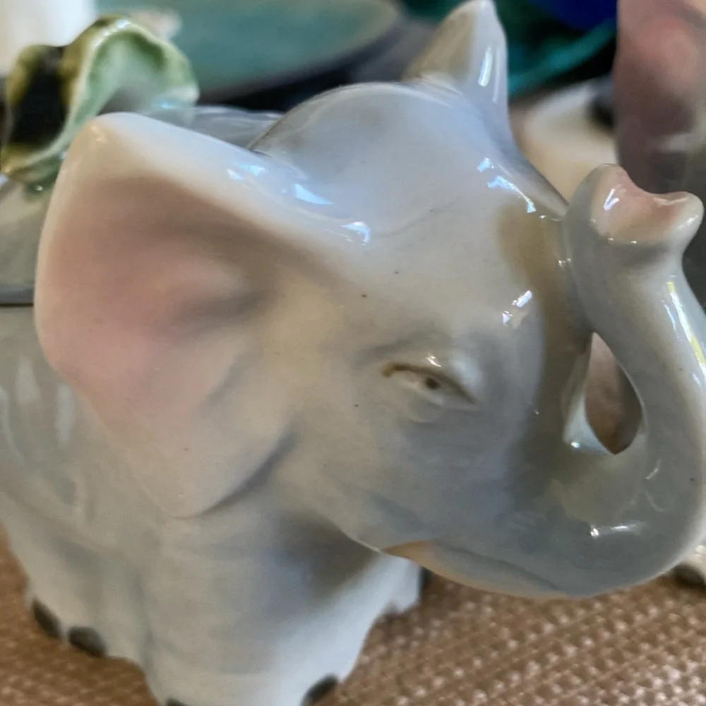 Vintage Ceramic “Trunks Up” Elephants Lidded Sugar Bowl & Creamer
